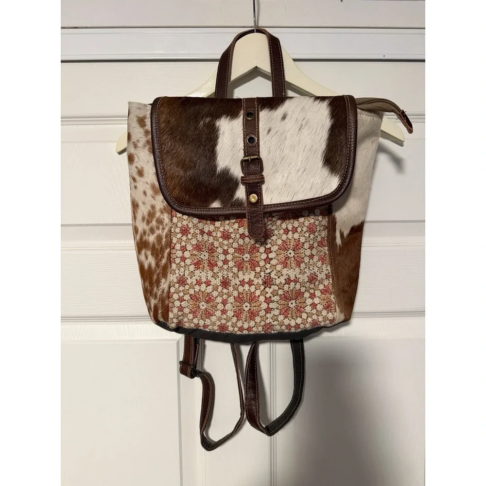 Myra Bag‎ Canvas Genuine Leather Cow Hide Backpack Western Festival Up Cycled